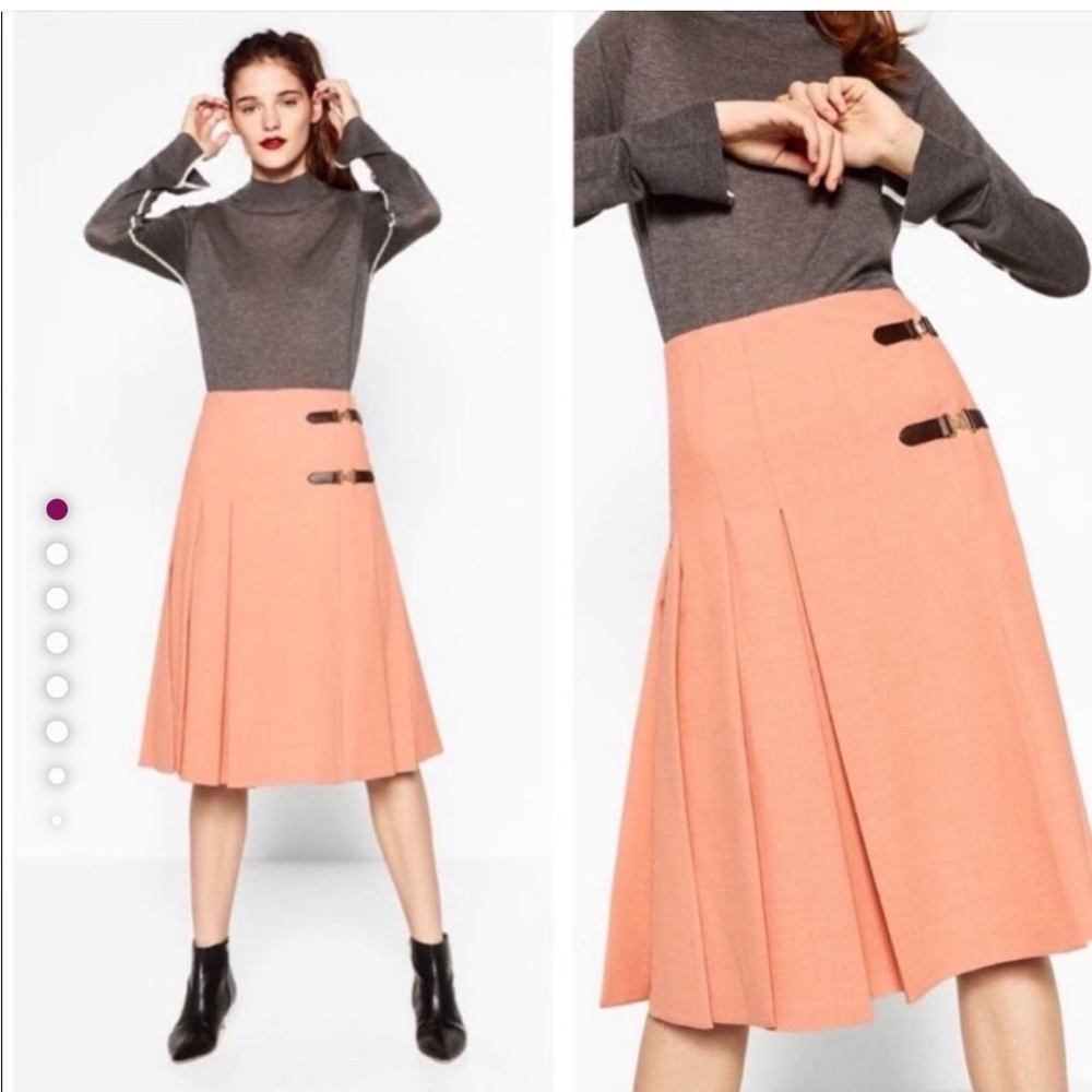 Zara Peach Pleated Skirt with Buckle Accents